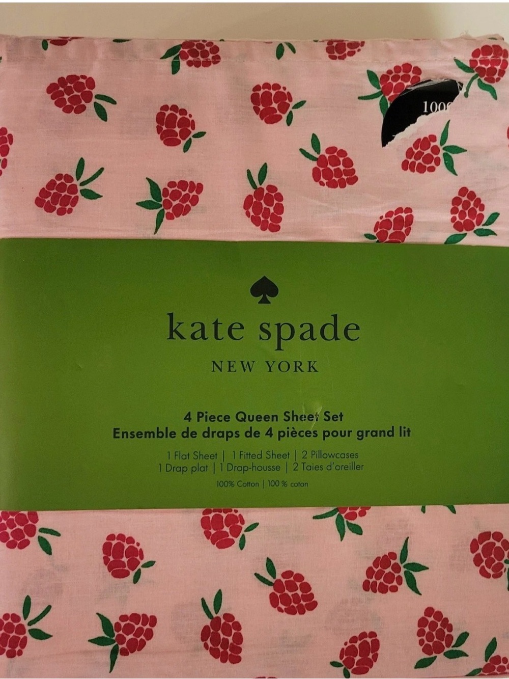 NEW 4pc Kate Spade Queen Sheet Set RASPBERRIES 100% Cotton Percale Flat Fitted